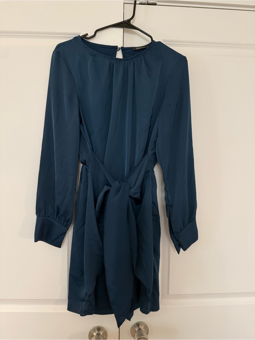 Blue Long-Sleeve Tie-Front Dress